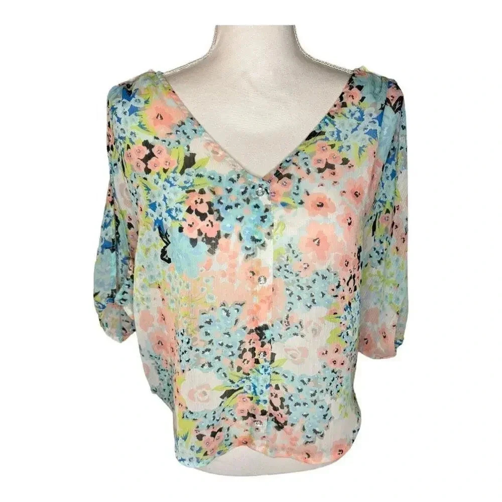 Candie’s Women’s Small Watercolor Floral Button Front Semi Sheer V-Neck Top